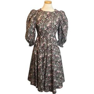 Selkie Ditsy Floral Puff Sleeve Midi Dress Black Pink Multi Size 4